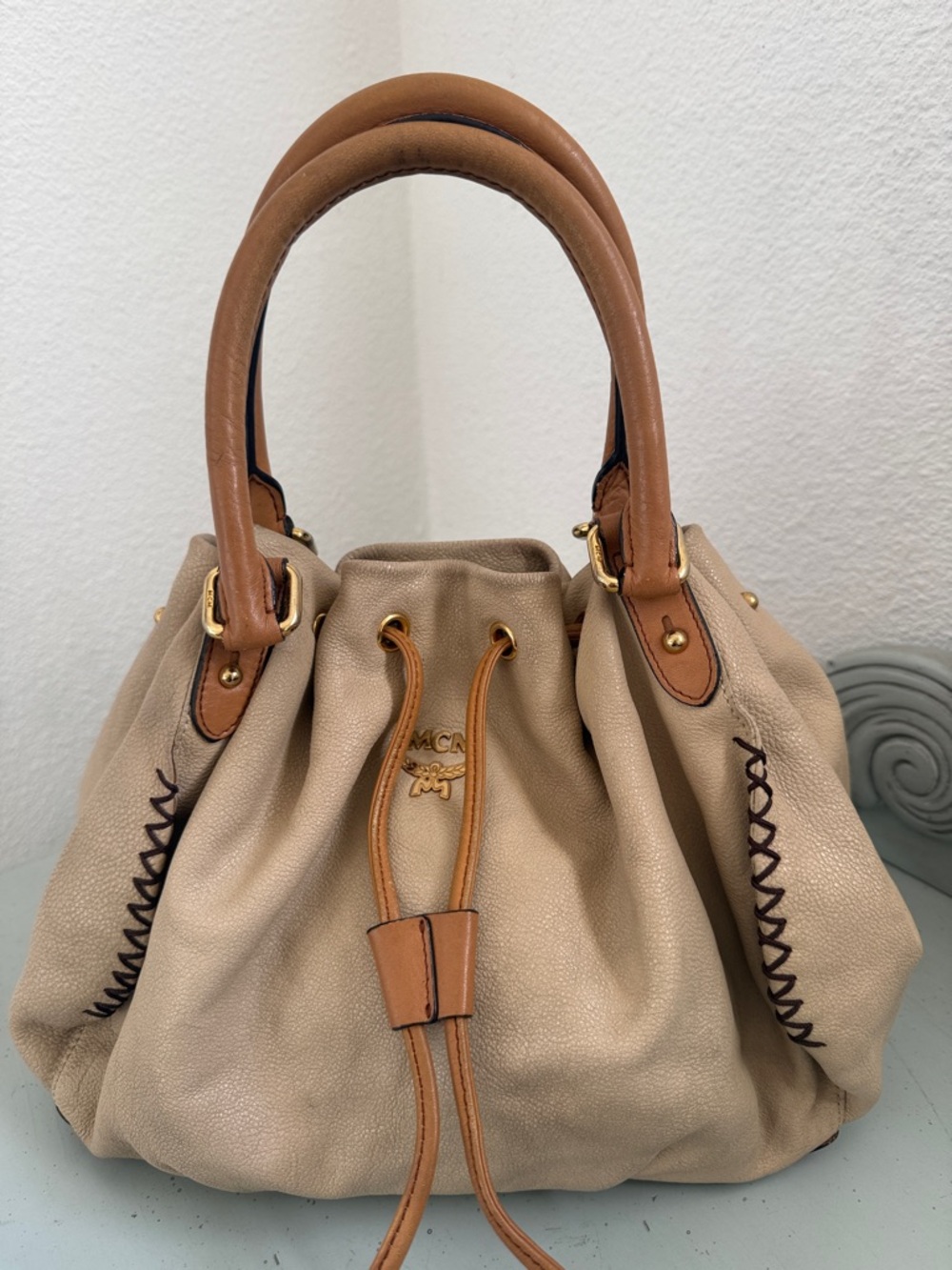 MCM Beige Drawstring Shoulder Bag with Tan Handles